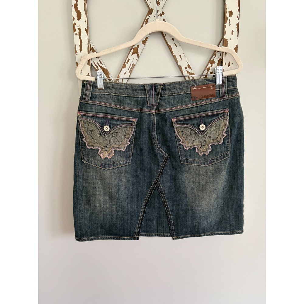 Vtg Mudd denim mini skirt with lace-trim pockets pink contrast stitching size 13